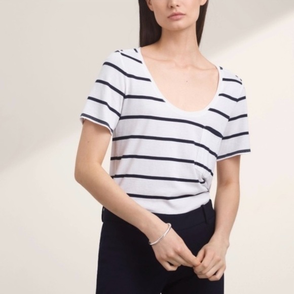 Aritzia Babaton Sami Short Sleeve Tee-Shirt - White/Navy Stripe - Extra Small XS - Picture 1 of 12